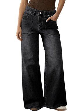Women's Black High Waisted Wide Leg Jeans Front Patch Pockets Denim Pant